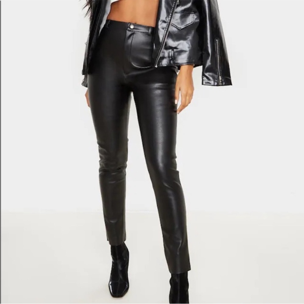 Prettylittlething black straight leg faux leather trouser pants Size 8